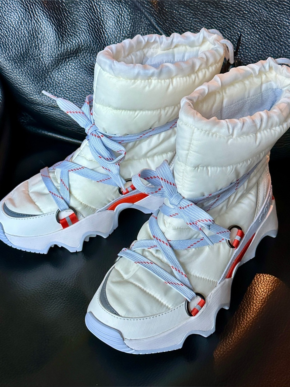 NEW SOREL x FP MOVEMENT KINETIC IMPACT NXT SNOW BOOTS WHITE BLUE PUFFER 7.5 NWT